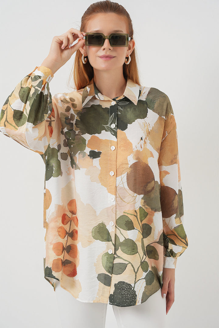 BGD Women Woman Patterned Oversized Shirt Tunic 5971 - Çağla - Nice