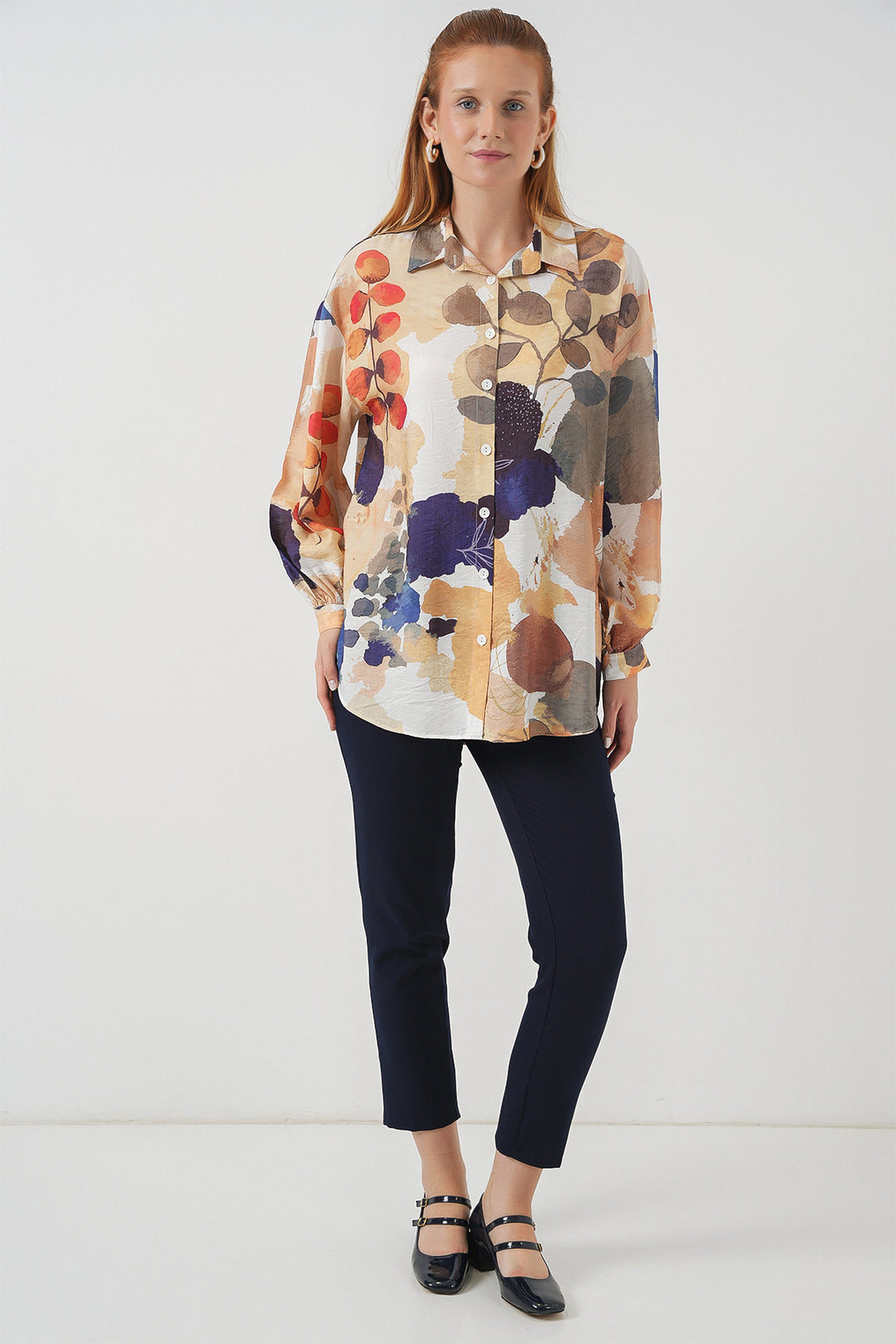 BGD Women Woman Patterned Oversized Shirt Tunic 5971 - Navy Blue - Ocozocoautla de Espinosa