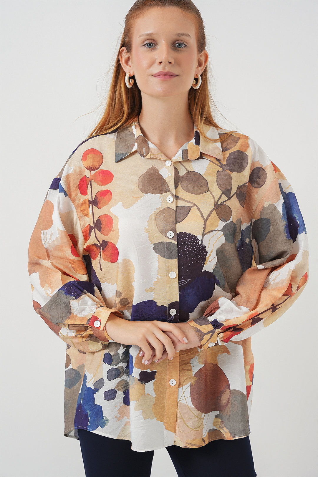BGD Women Woman Patterned Oversized Shirt Tunic 5971 - Navy Blue - Ocozocoautla de Espinosa