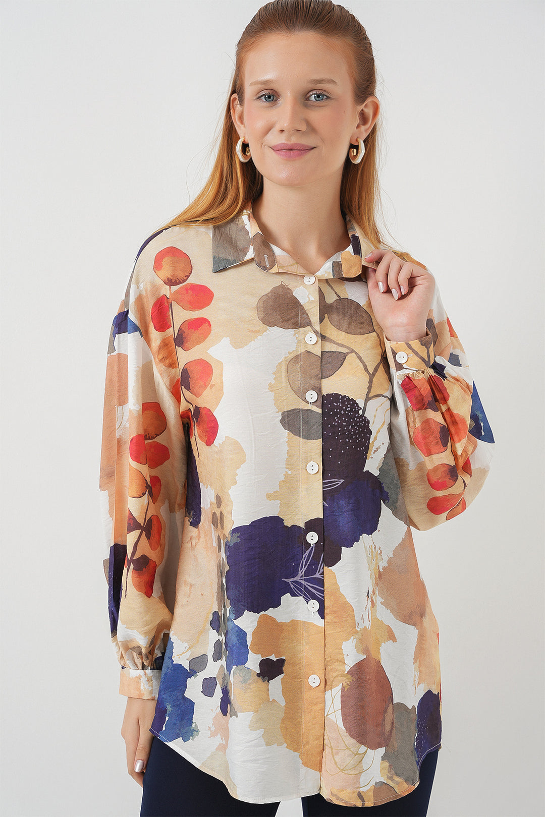 BGD Women Woman Patterned Oversized Shirt Tunic 5971 - Navy Blue - Ocozocoautla de Espinosa