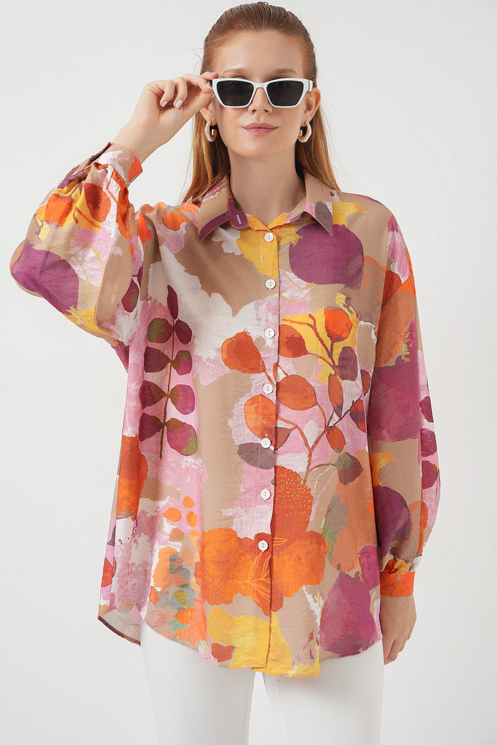BGD Women Woman Patterned Oversized Shirt Tunic 5971 - Orange - Cutler Bay