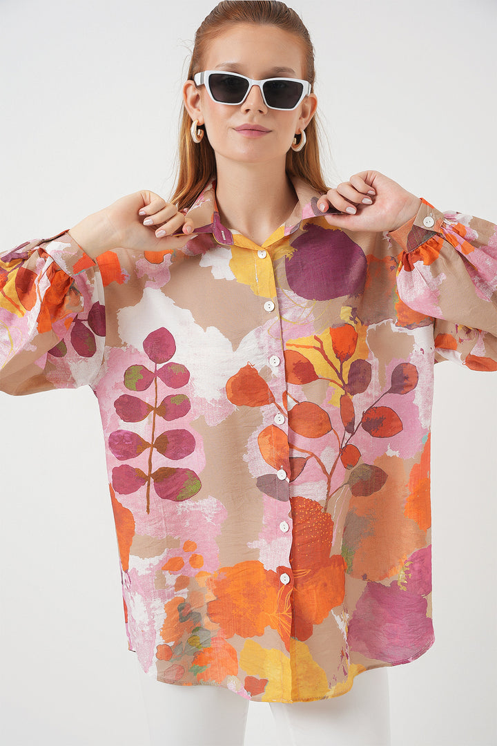 BGD Women Woman Patterned Oversized Shirt Tunic 5971 - Orange - Cutler Bay