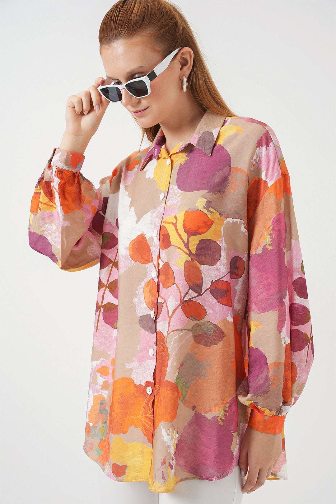 BGD Women Woman Patterned Oversized Shirt Tunic 5971 - Orange - Cutler Bay