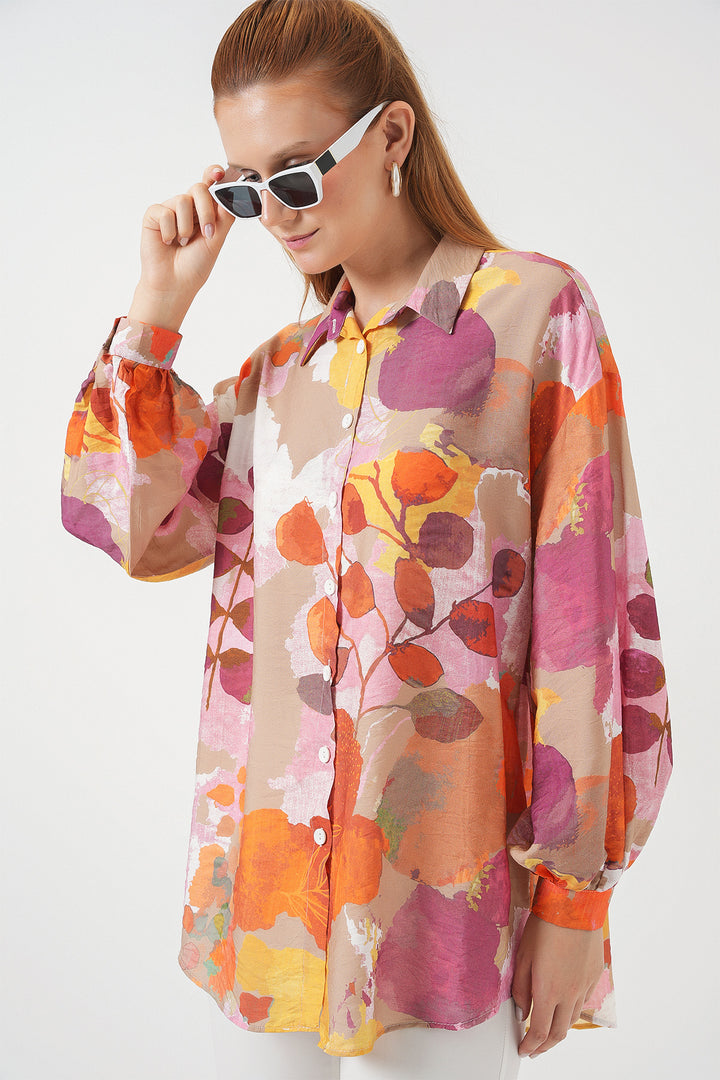 BGD Women Woman Patterned Oversized Shirt Tunic 5971 - Orange - Cutler Bay