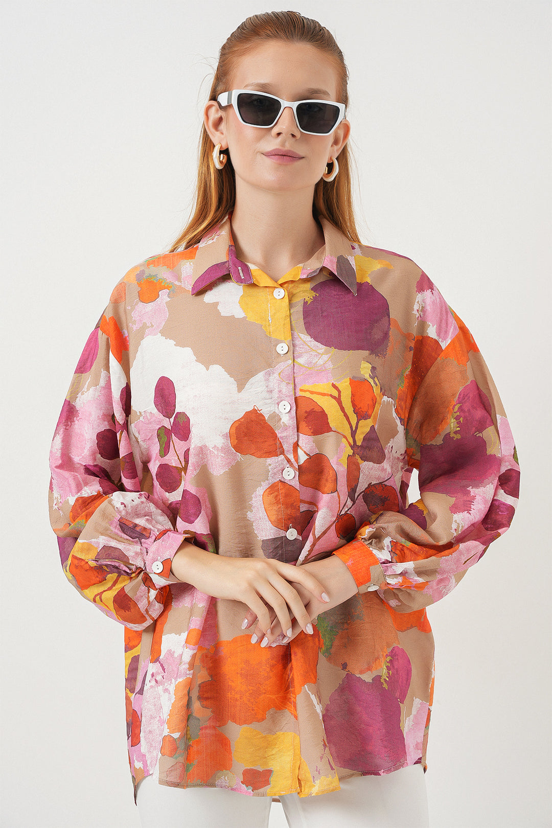 BGD Women Woman Patterned Oversized Shirt Tunic 5971 - Orange - Cutler Bay