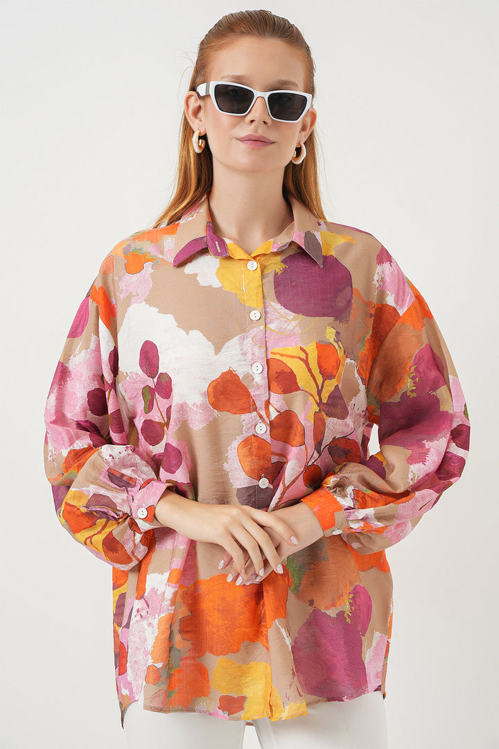 BGD Women Woman Patterned Oversized Shirt Tunic 5971 - Orange - Cutler Bay