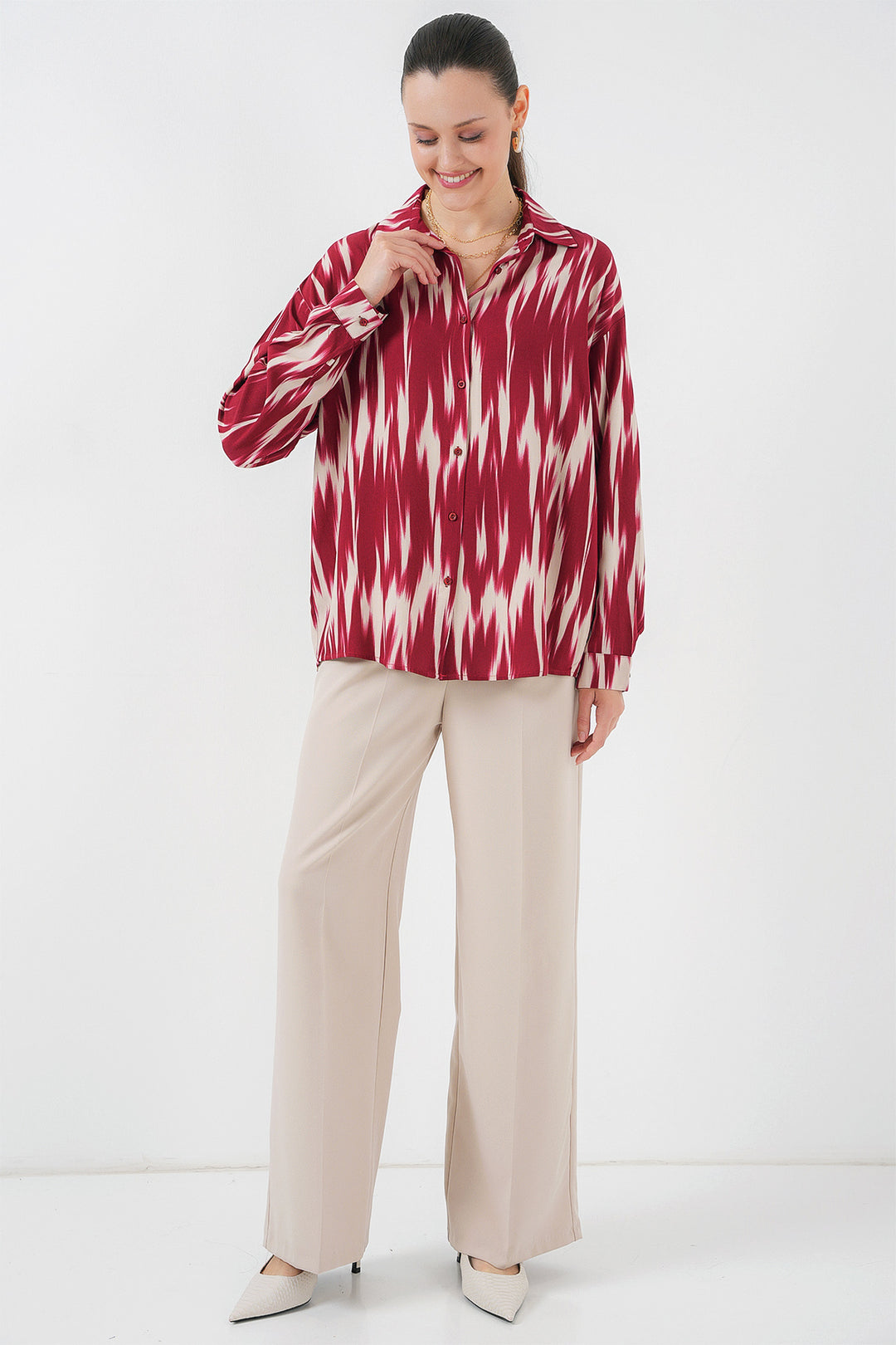 BGD Women Woman Patterned Oversized Shirt 20301 - Red - Casalnuovo di Napoli