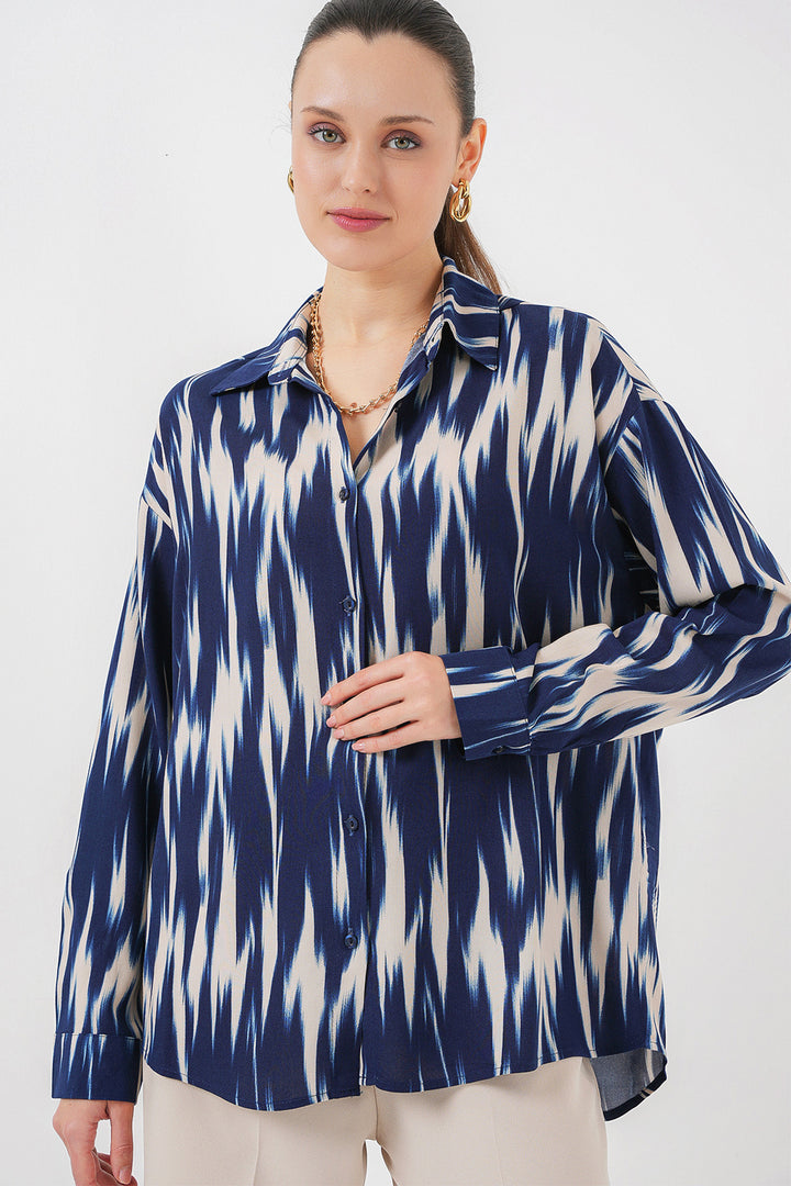 BGD Women Women's Patterned Oversized Shirt 20301 - Navy Blue - Georgetown