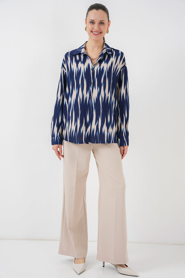 BGD Women Women's Patterned Oversized Shirt 20301 - Navy Blue - Georgetown