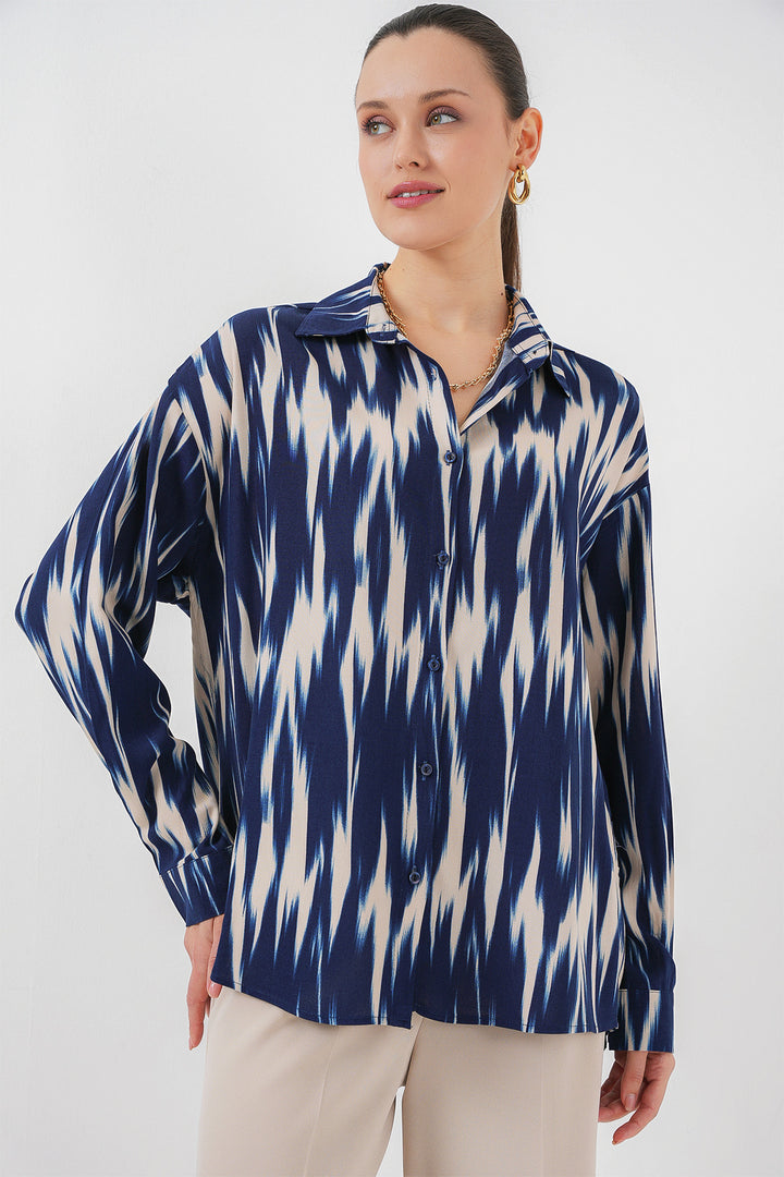BGD Women Women's Patterned Oversized Shirt 20301 - Navy Blue - Georgetown