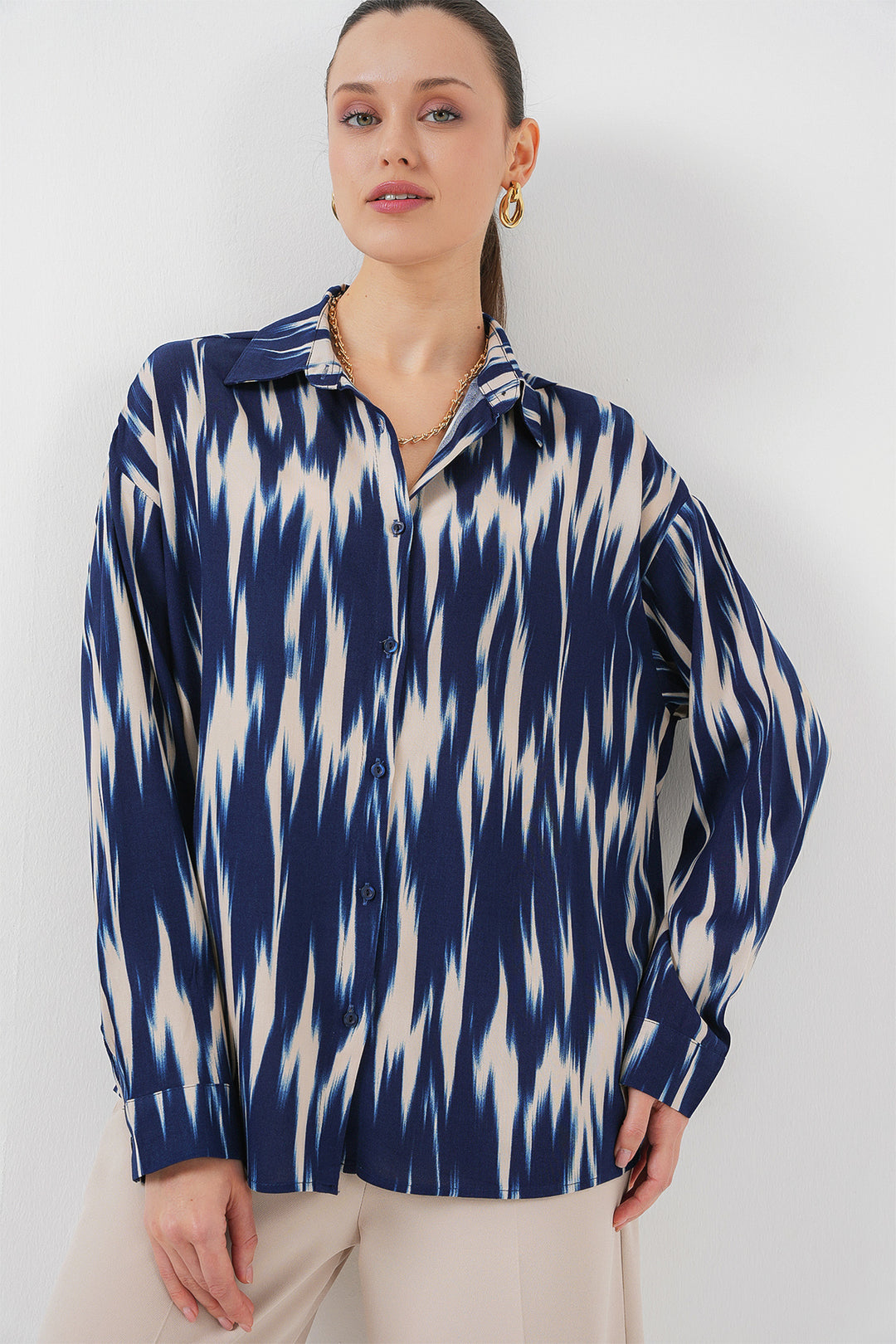 BGD Women Women's Patterned Oversized Shirt 20301 - Navy Blue - Georgetown