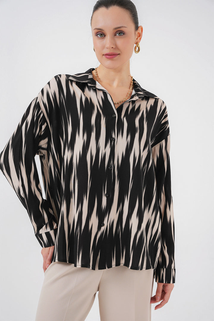 BGD Women Woman Patterned Oversized Shirt 20301 - Black - Lubny
