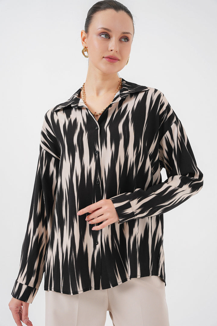 BGD Women Woman Patterned Oversized Shirt 20301 - Black - Lubny