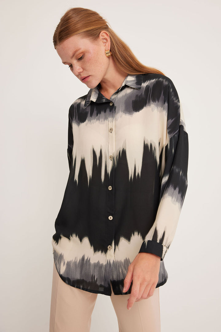 BGD Women Woman Orange Black Patterned Oversized Shirt 5923 - Avondale