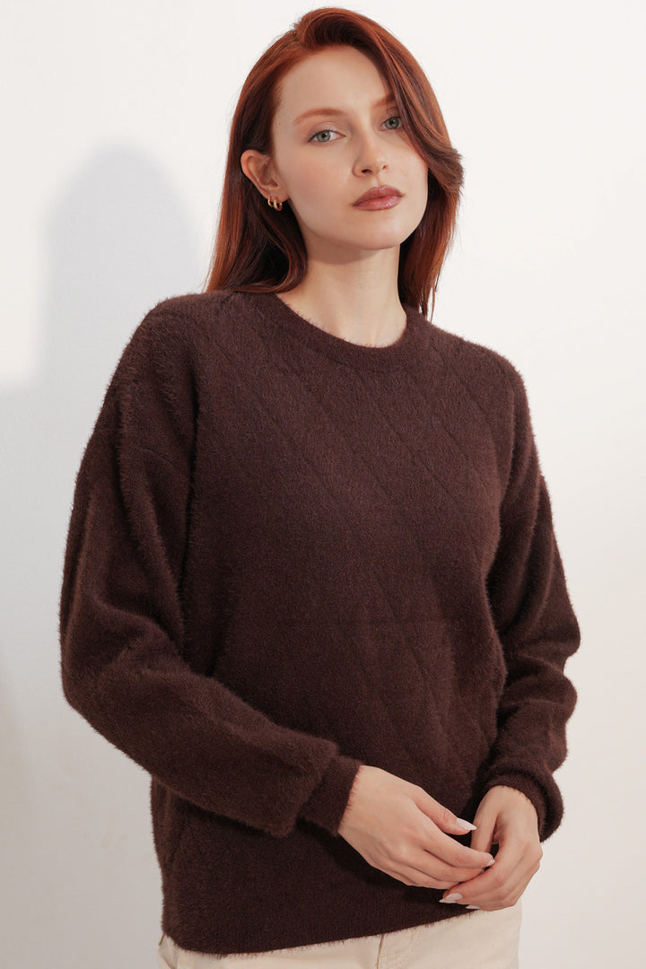 BGD Women Kadın Desenli Oversize Kazak 15970 - Kahverengi - Nuevo Casas Grandes