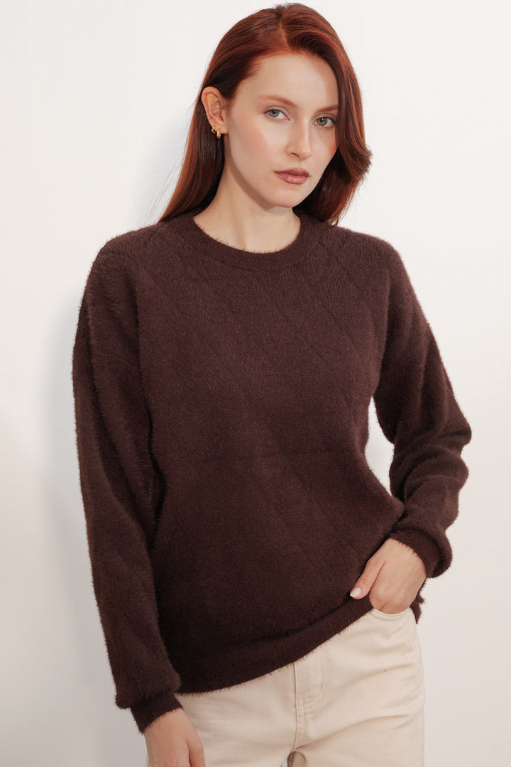 BGD Women Kadın Desenli Oversize Kazak 15970 - Kahverengi - Nuevo Casas Grandes
