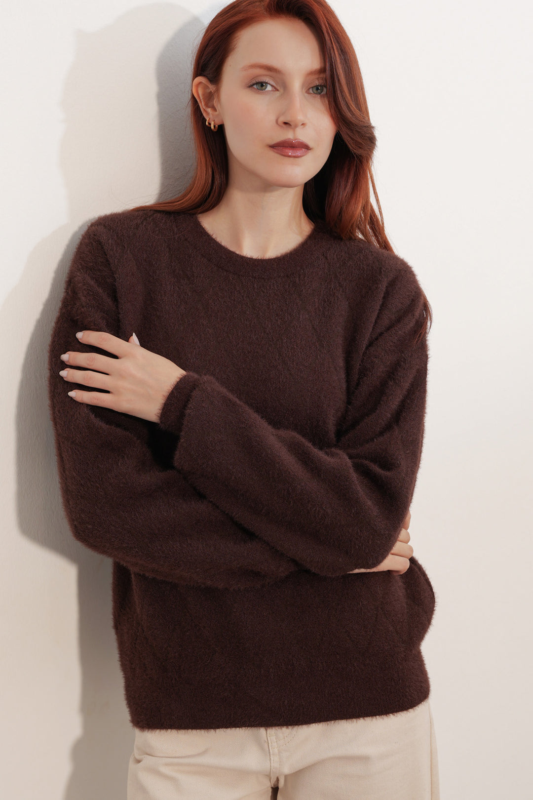 BGD Women Kadın Desenli Oversize Kazak 15970 - Kahverengi - Nuevo Casas Grandes