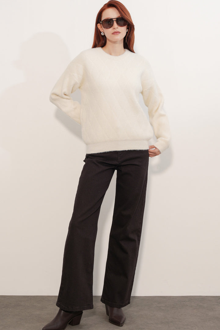 BGD Women Kadın Desenli Oversize Kazak 15970 - Krem - Rubizhne