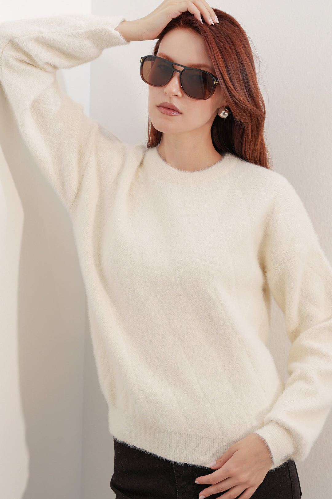 BGD Women Kadın Desenli Oversize Kazak 15970 - Krem - Rubizhne