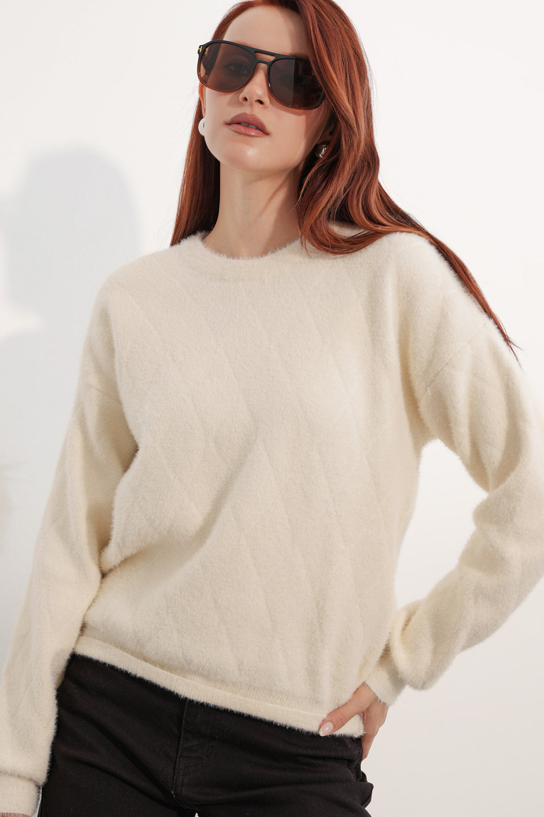 BGD Women Kadın Desenli Oversize Kazak 15970 - Krem - Rubizhne