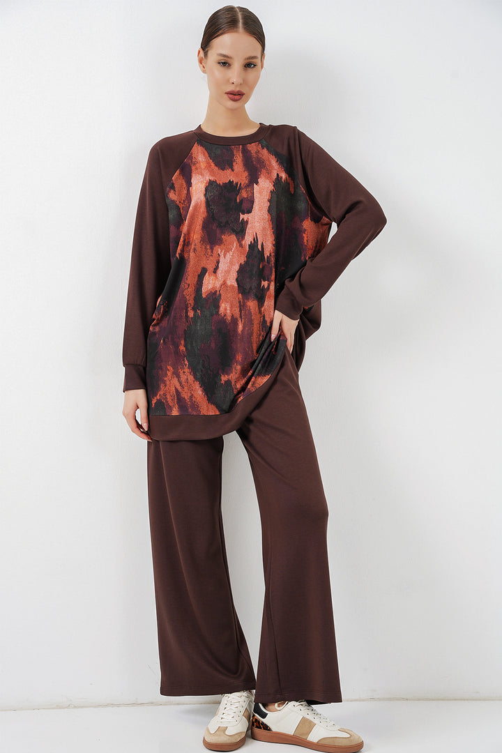 BGD Women Kadın Desenli Oversize Tunik Pantolon İkili Takım 55462 - Kahverengi - Buzău