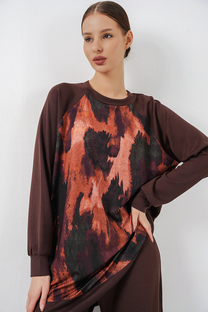 BGD Women Kadın Desenli Oversize Tunik Pantolon İkili Takım 55462 - Kahverengi - Buzău