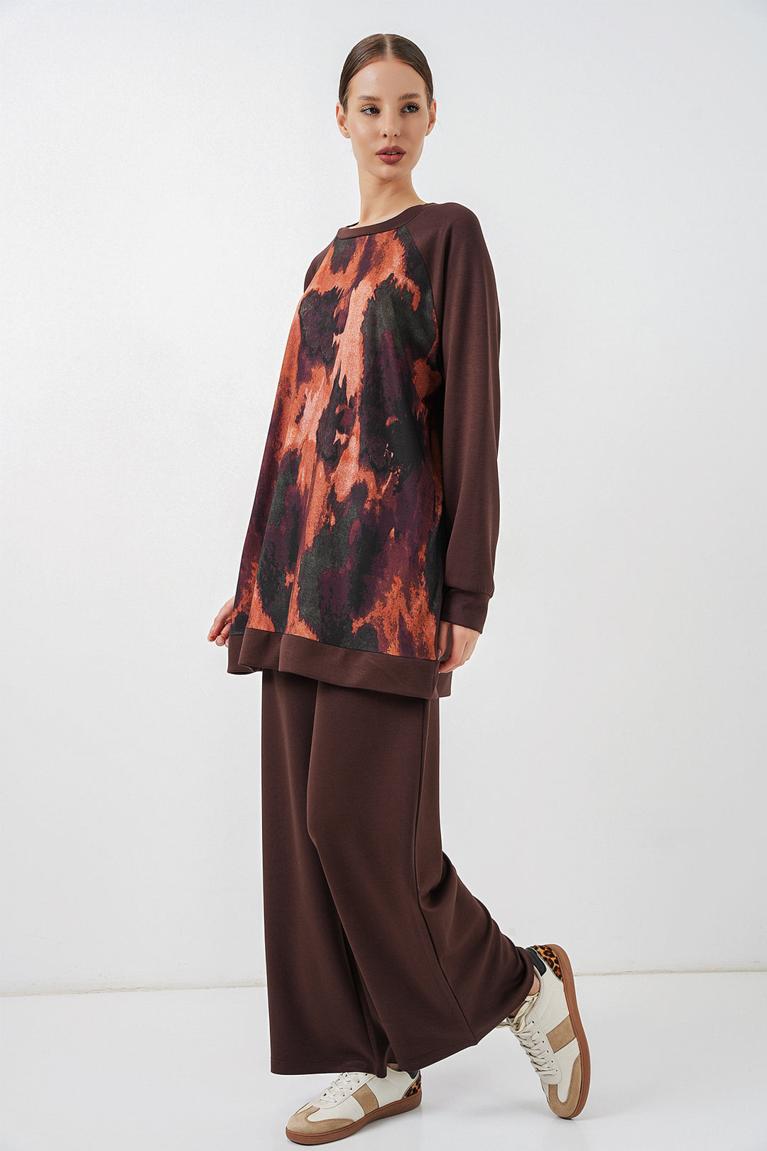 BGD Women Kadın Desenli Oversize Tunik Pantolon İkili Takım 55462 - Kahverengi - Buzău