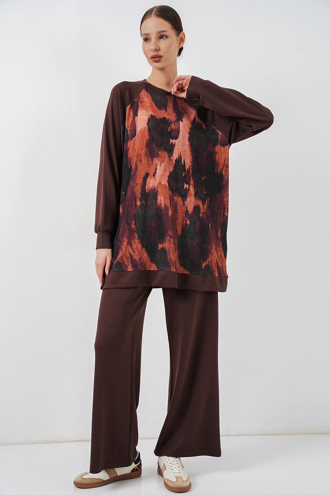 BGD Women Kadın Desenli Oversize Tunik Pantolon İkili Takım 55462 - Kahverengi - Buzău