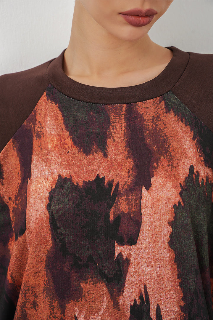 BGD Women Kadın Desenli Oversize Tunik Pantolon İkili Takım 55462 - Kahverengi - Buzău