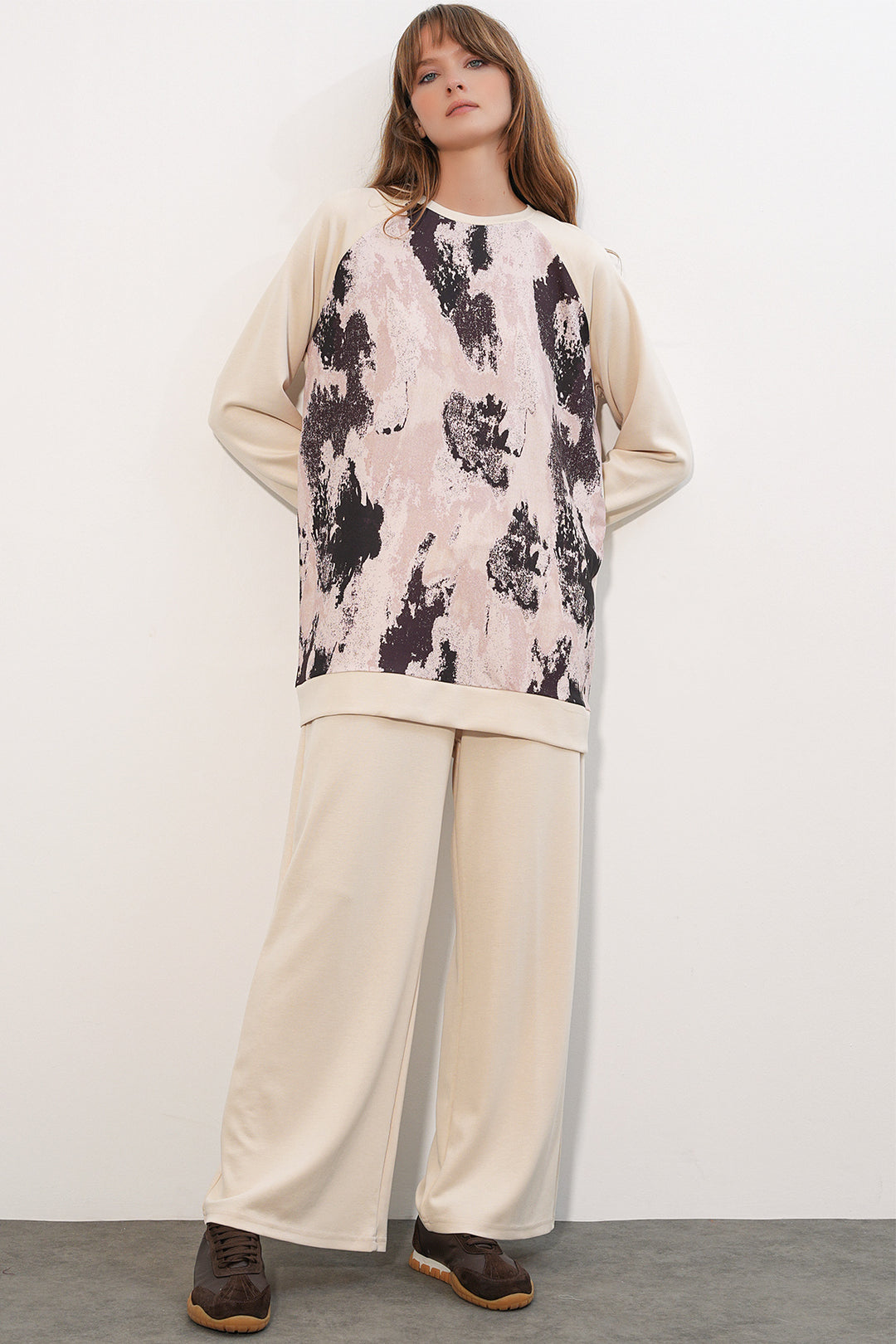 BGD Women Kadın Desenli Oversize Tunik Pantolon İkili Takım 55462 - Krem - Owasso