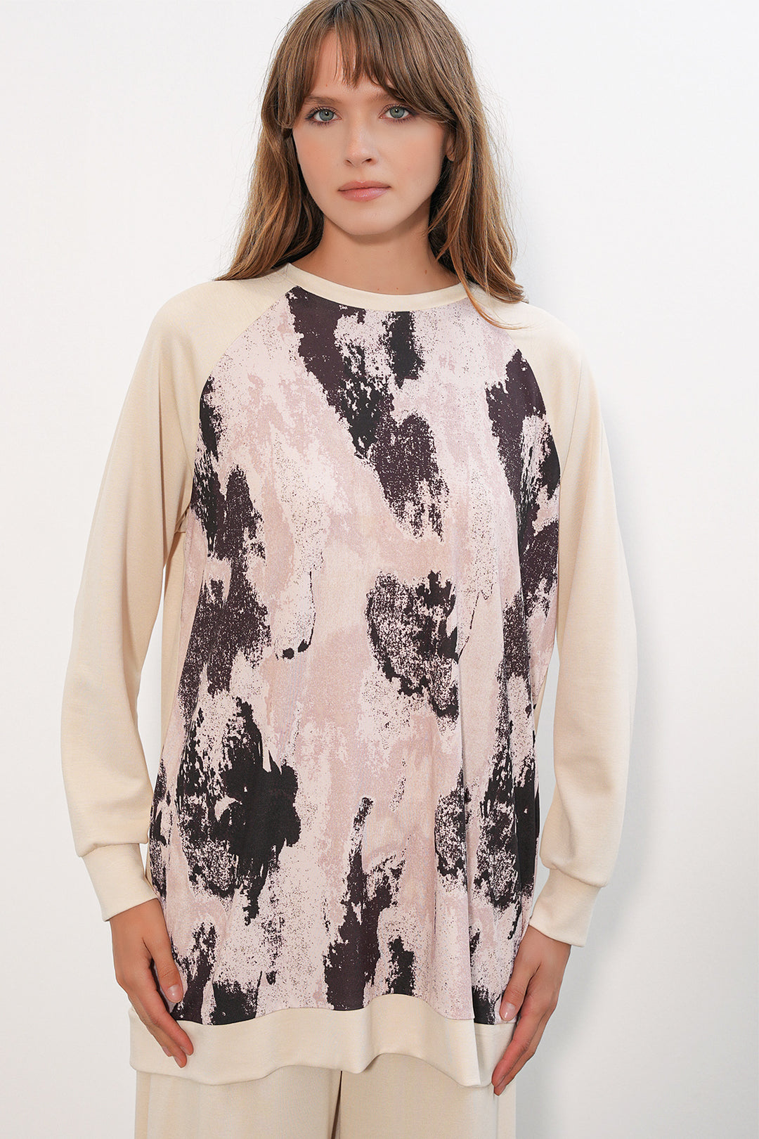 BGD Women Kadın Desenli Oversize Tunik Pantolon İkili Takım 55462 - Krem - Owasso