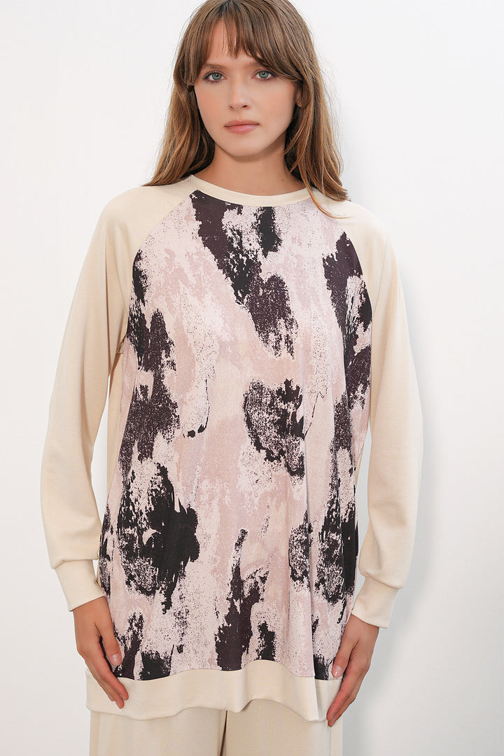BGD Women Kadın Desenli Oversize Tunik Pantolon İkili Takım 55462 - Krem - Owasso