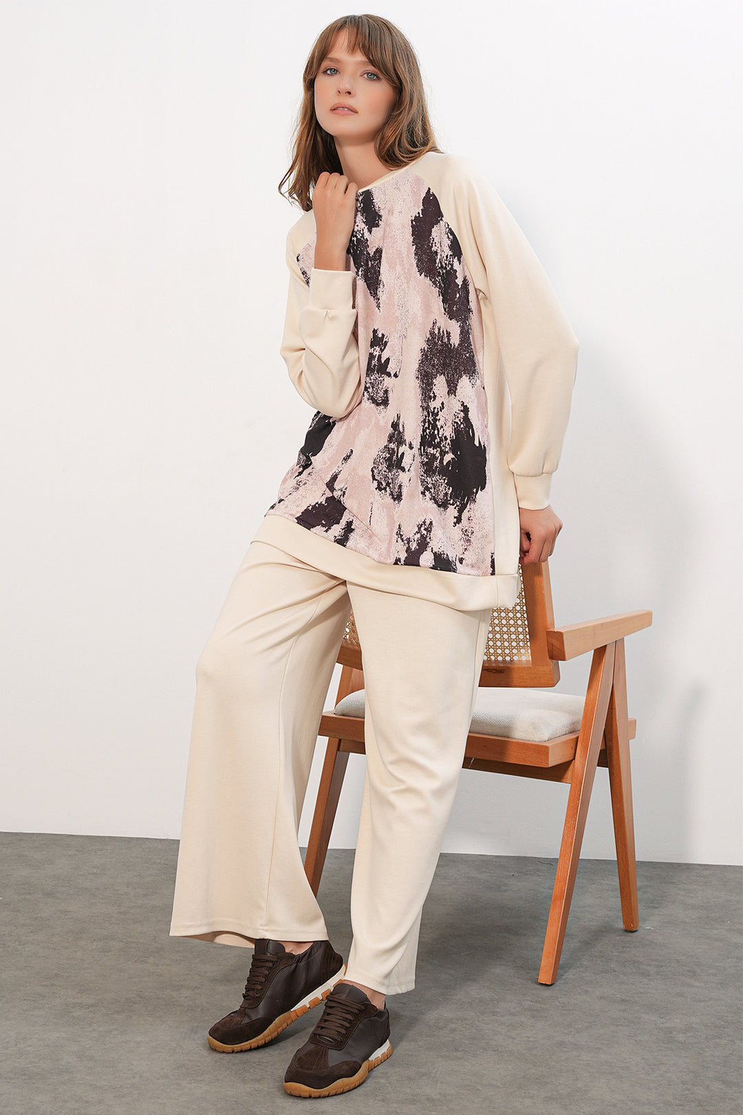 BGD Women Kadın Desenli Oversize Tunik Pantolon İkili Takım 55462 - Krem - Owasso