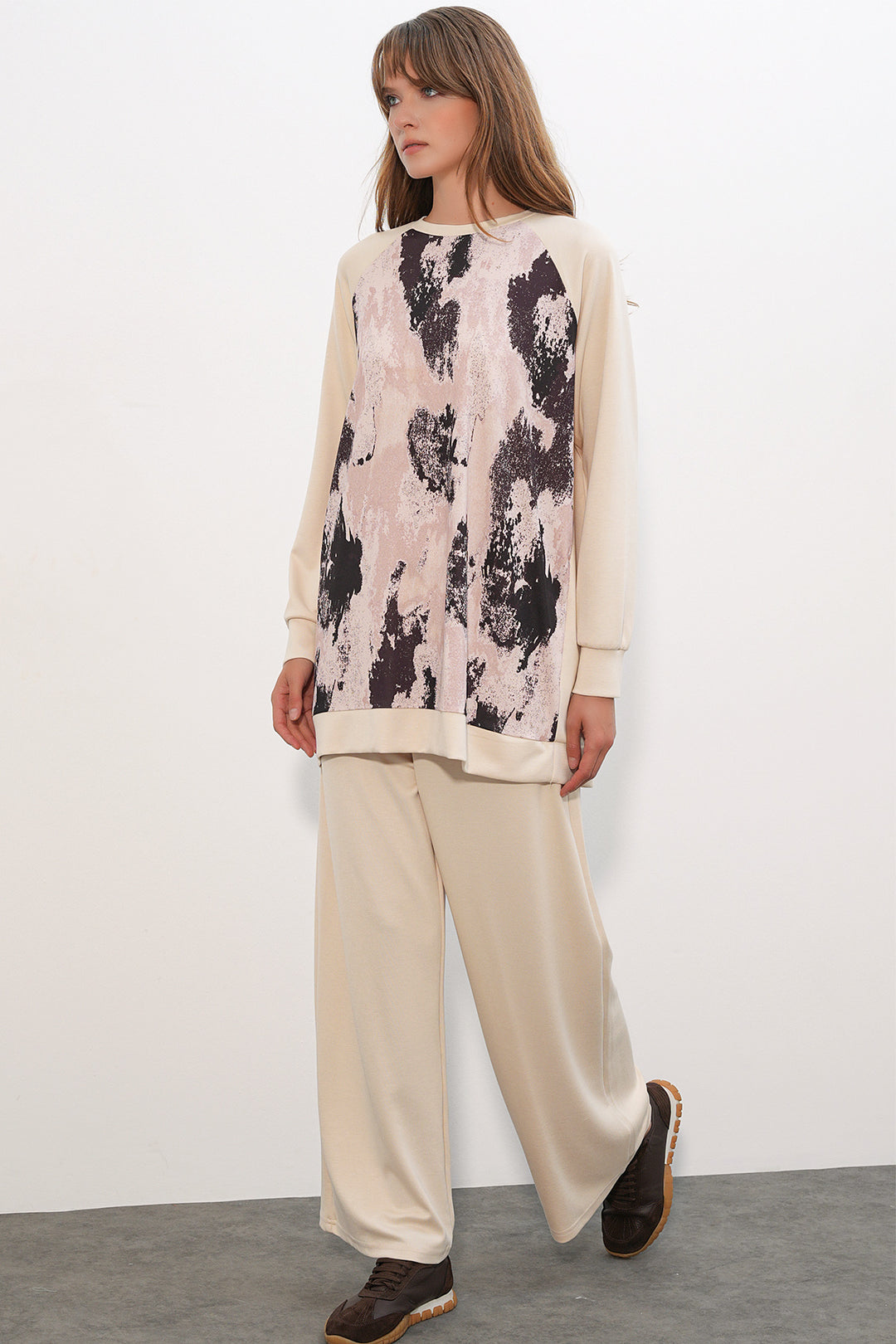 BGD Women Kadın Desenli Oversize Tunik Pantolon İkili Takım 55462 - Krem - Owasso