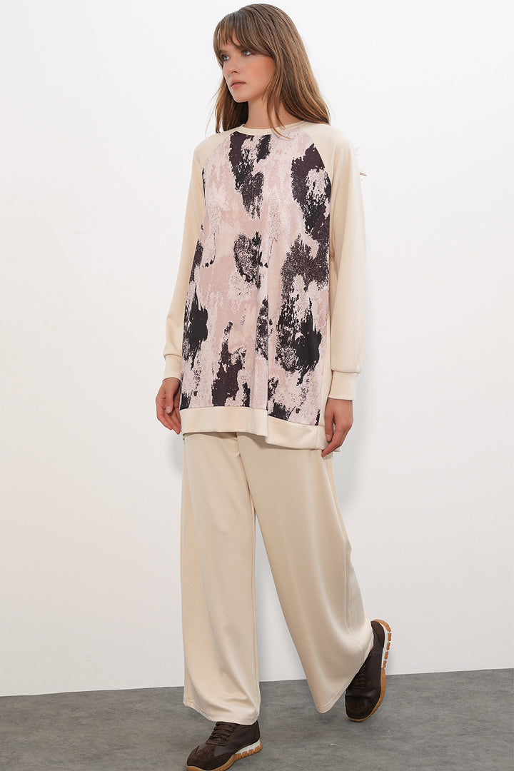 BGD Women Kadın Desenli Oversize Tunik Pantolon İkili Takım 55462 - Krem - Owasso
