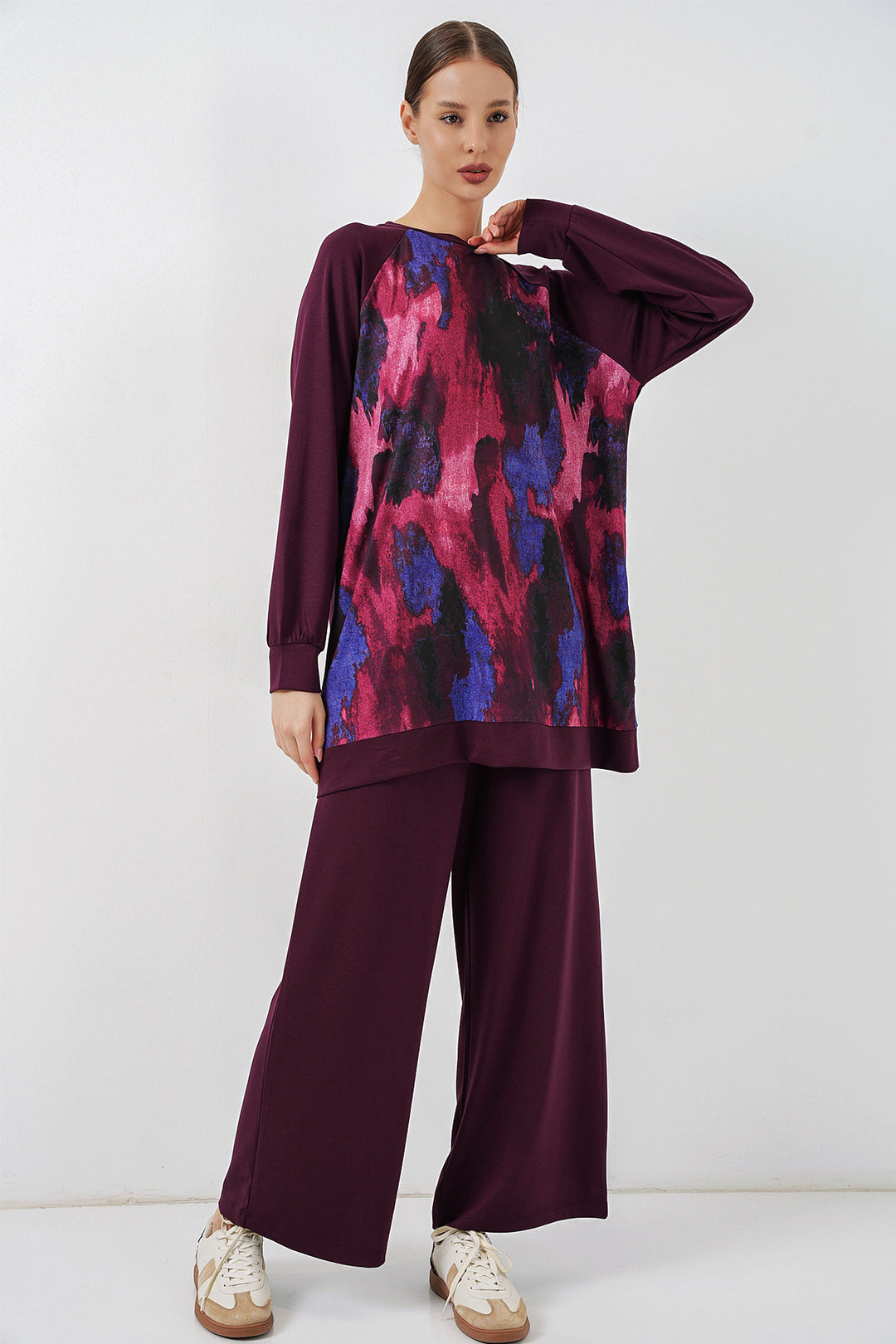 BGD Women Kadın Desenli Oversize Tunik Pantolon İkili Takım 55462 - Mor - Boise