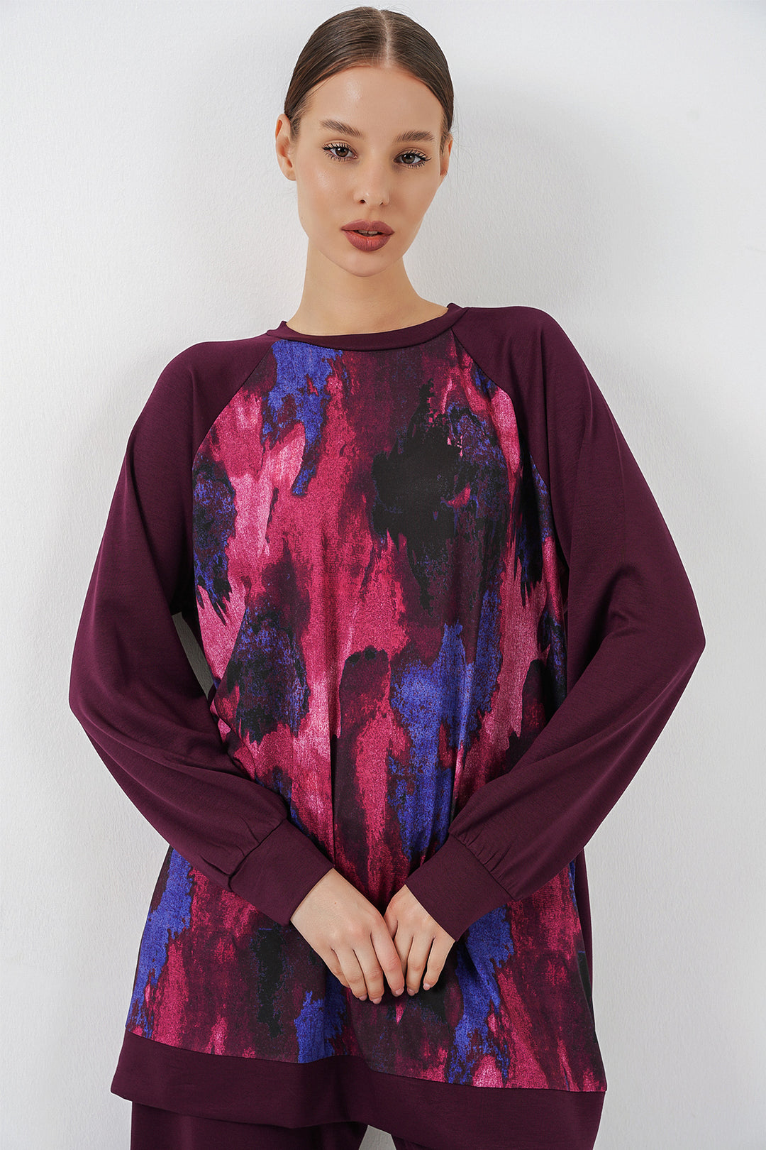 BGD Women Kadın Desenli Oversize Tunik Pantolon İkili Takım 55462 - Mor - Boise