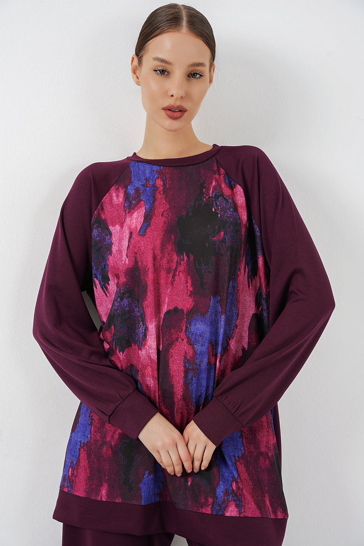 BGD Women Kadın Desenli Oversize Tunik Pantolon İkili Takım 55462 - Mor - Boise