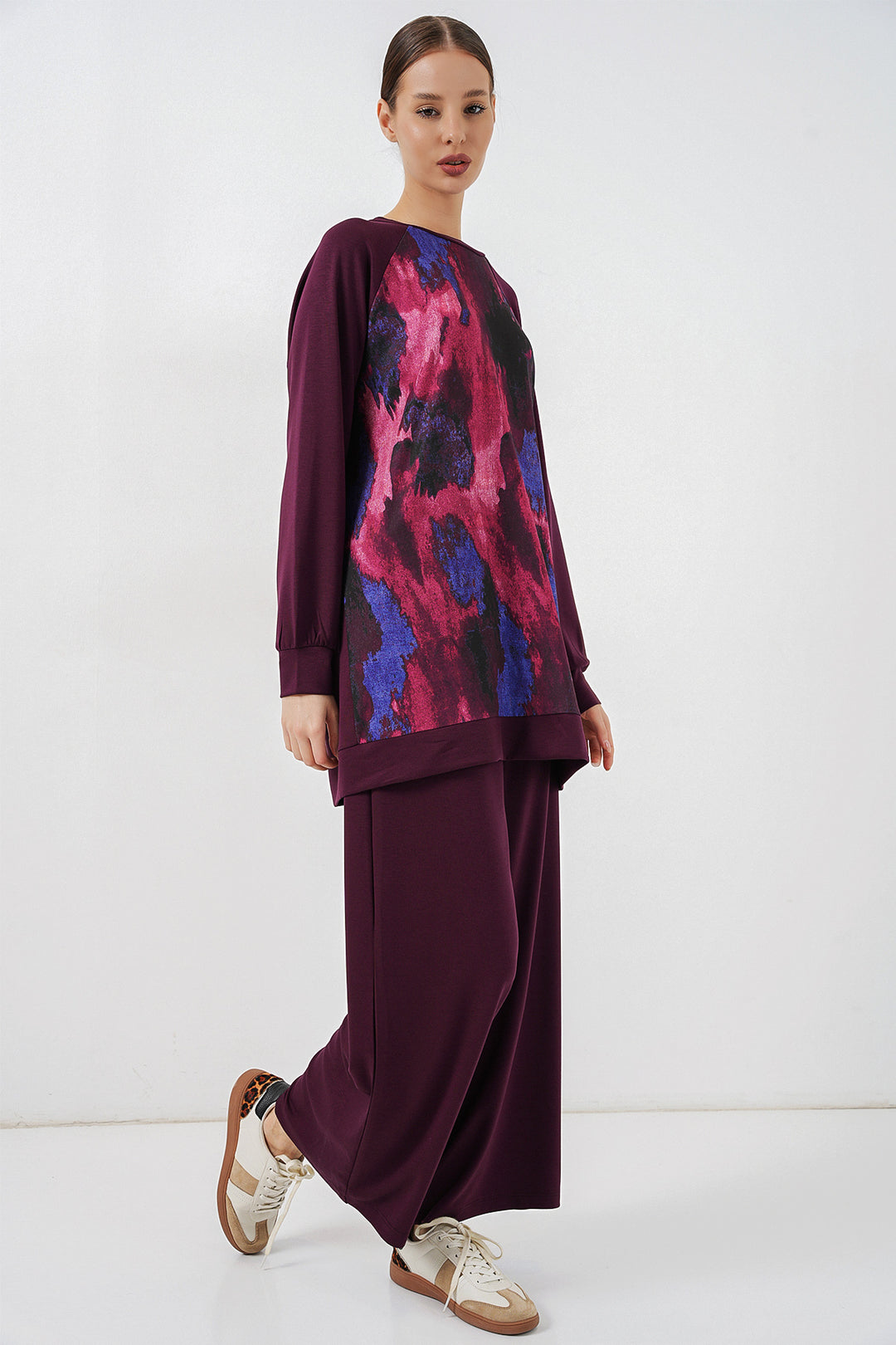 BGD Women Kadın Desenli Oversize Tunik Pantolon İkili Takım 55462 - Mor - Boise