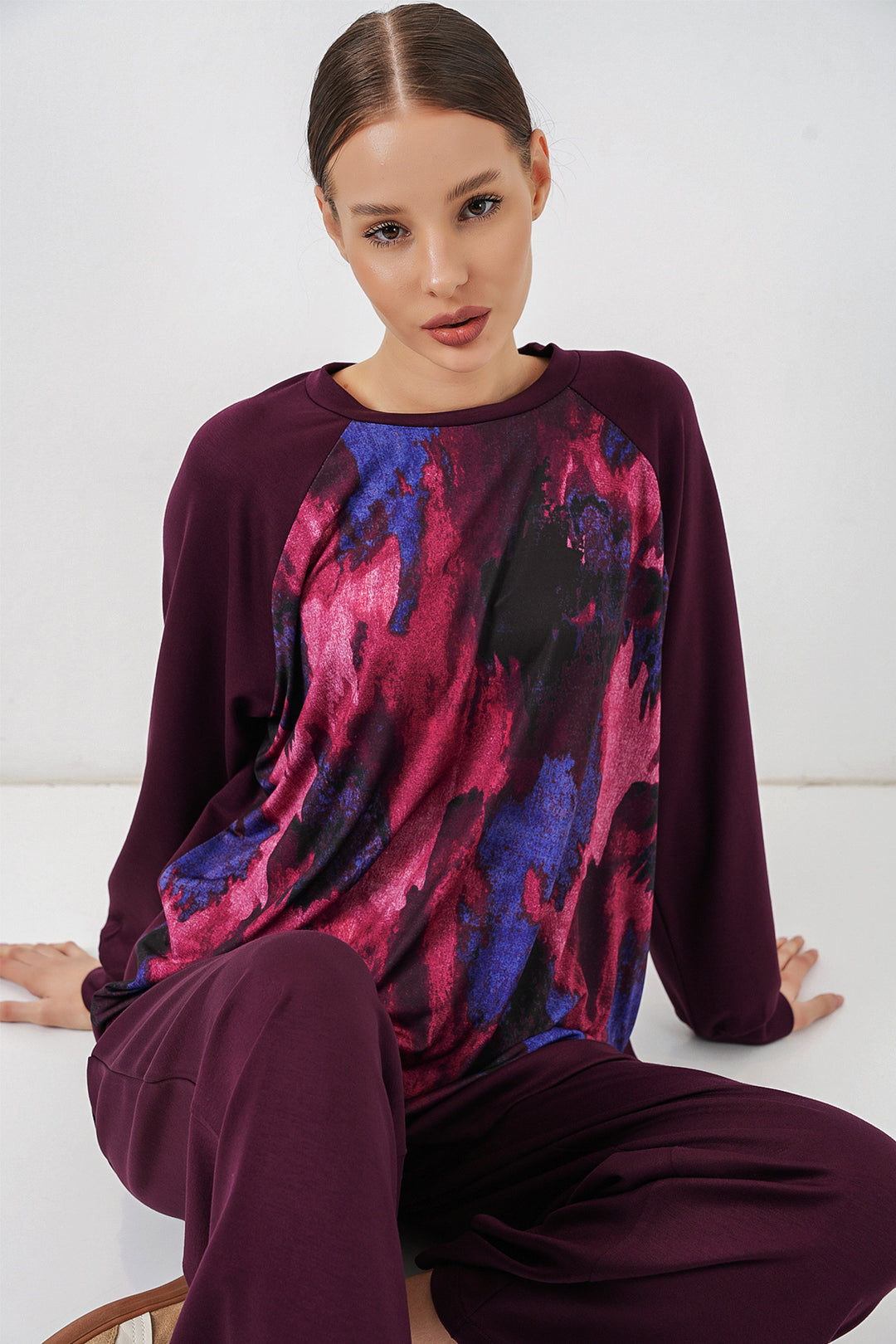 BGD Women Kadın Desenli Oversize Tunik Pantolon İkili Takım 55462 - Mor - Boise