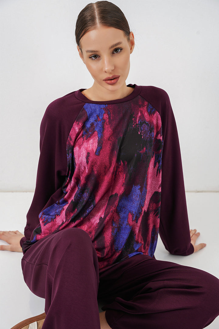 BGD Women Kadın Desenli Oversize Tunik Pantolon İkili Takım 55462 - Mor - Boise