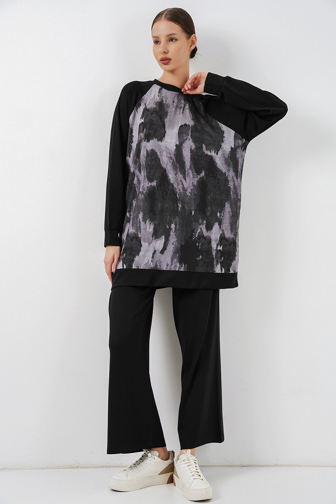 BGD Women Kadın Desenli Oversize Tunik Pantolon İkili Takım 55462 - Siyah - Auckland