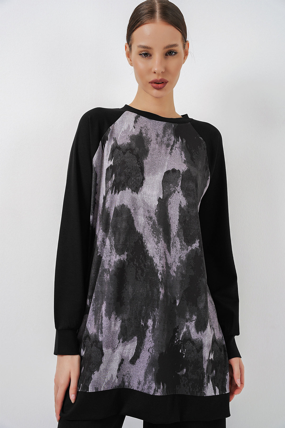 BGD Women Kadın Desenli Oversize Tunik Pantolon İkili Takım 55462 - Siyah - Auckland