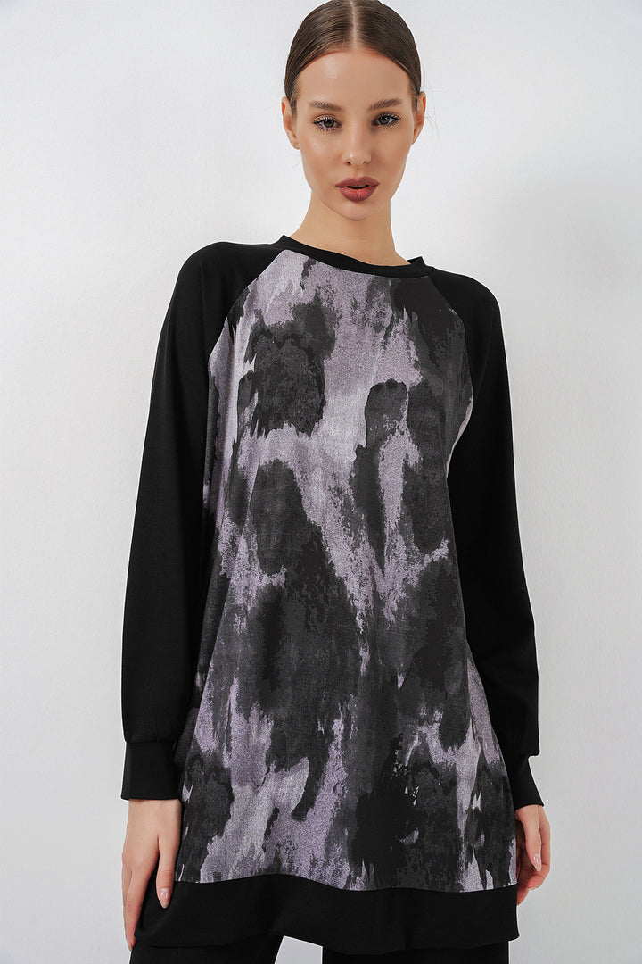 BGD Women Kadın Desenli Oversize Tunik Pantolon İkili Takım 55462 - Siyah - Auckland