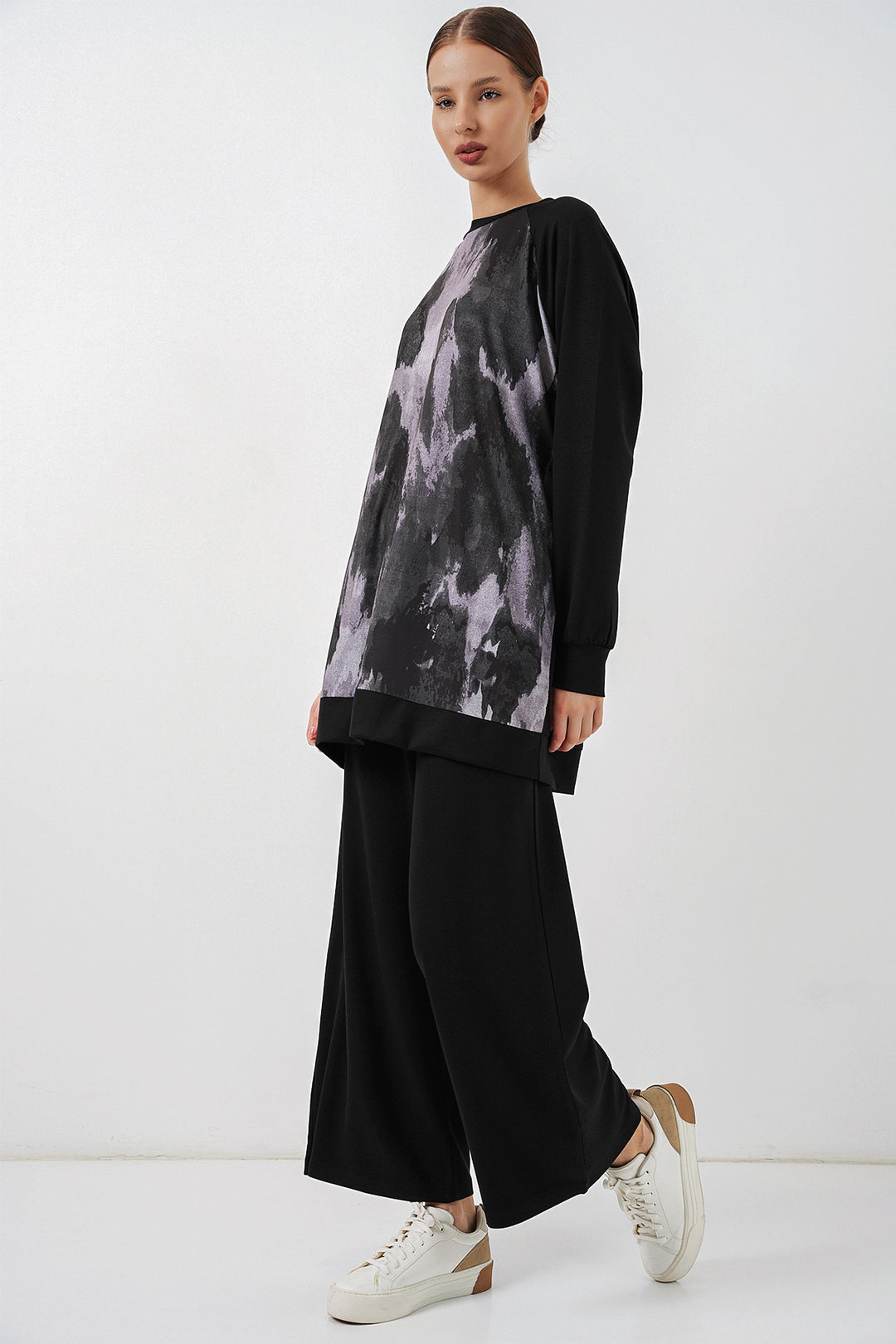 BGD Women Kadın Desenli Oversize Tunik Pantolon İkili Takım 55462 - Siyah - Auckland