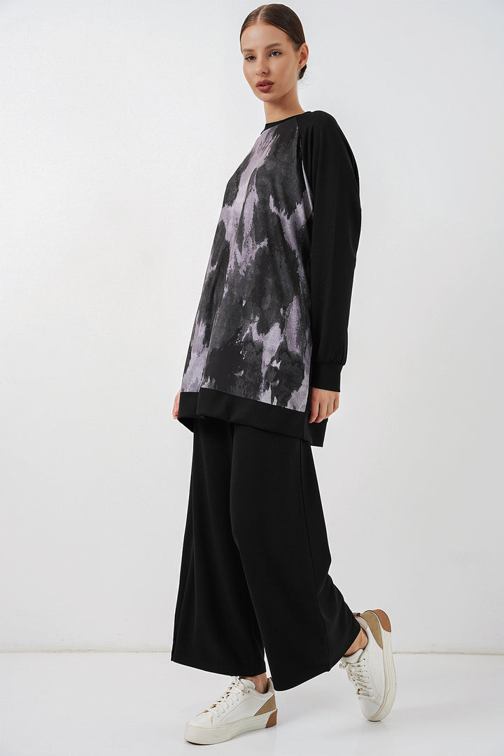 BGD Women Kadın Desenli Oversize Tunik Pantolon İkili Takım 55462 - Siyah - Auckland