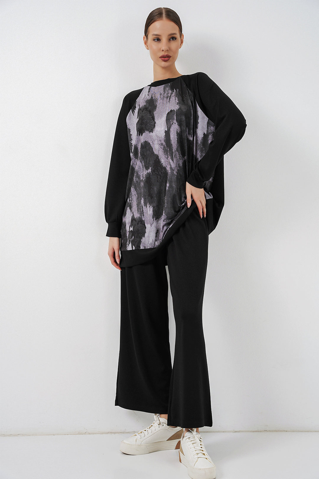 BGD Women Kadın Desenli Oversize Tunik Pantolon İkili Takım 55462 - Siyah - Auckland