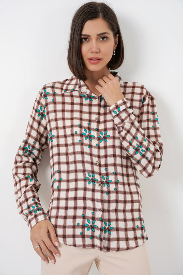 BGD Women Kadın Desenli Oversize Viskon Gömlek 20371 - Kahverengi - Belfort