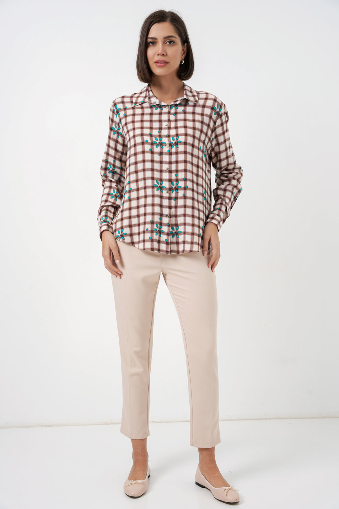 BGD Women Kadın Desenli Oversize Viskon Gömlek 20371 - Kahverengi - Belfort