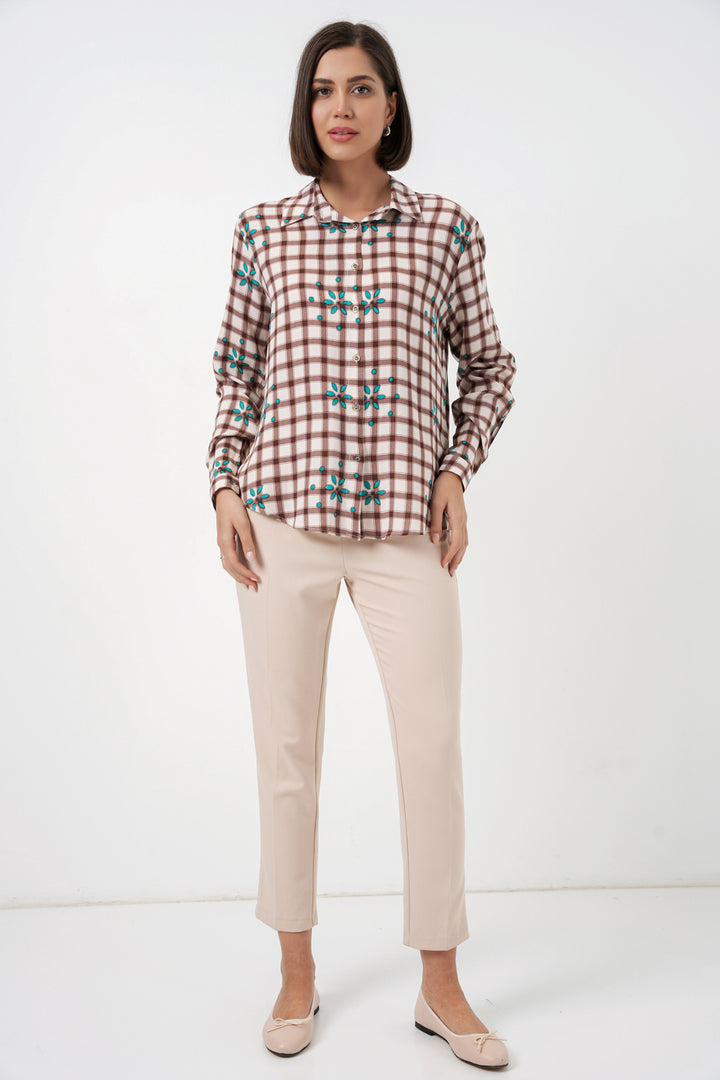 BGD Women Kadın Desenli Oversize Viskon Gömlek 20371 - Kahverengi - Belfort